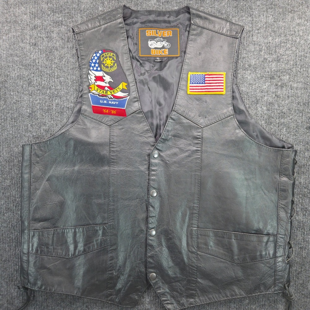Silver Bike Mens XL Leather Motorcycle Vest US Navy Star Vets Patch Biker‎ Black